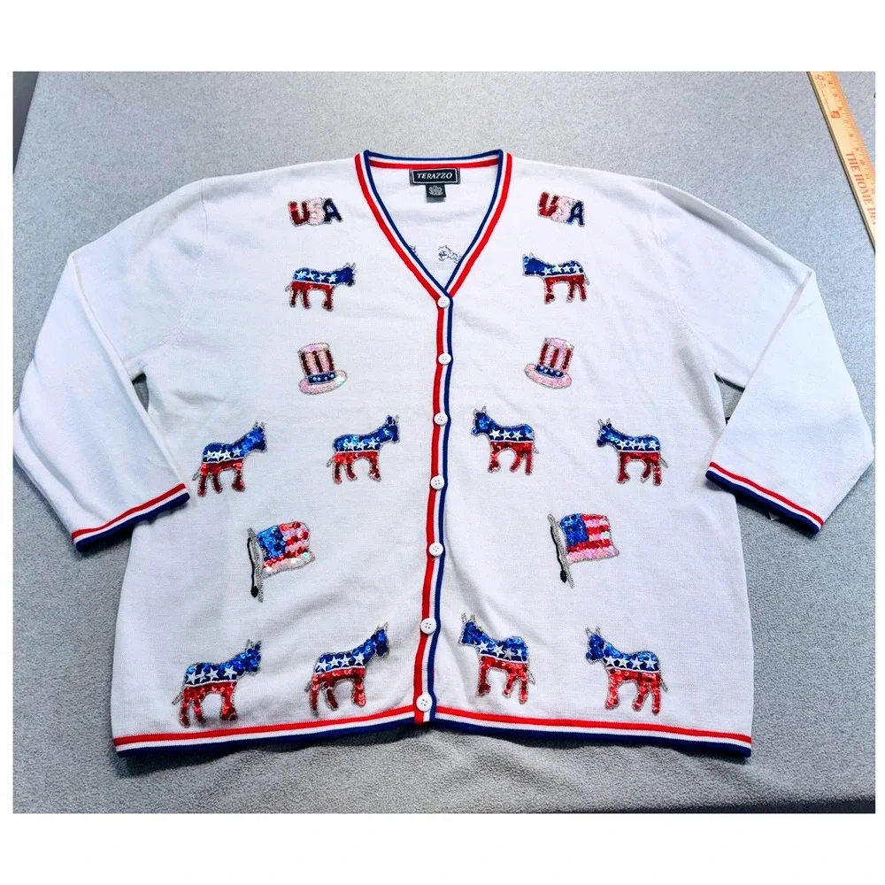 Terazzo Cardigan Womens 3X White Sequin Democrat Donkey USA Patriotic Sweater